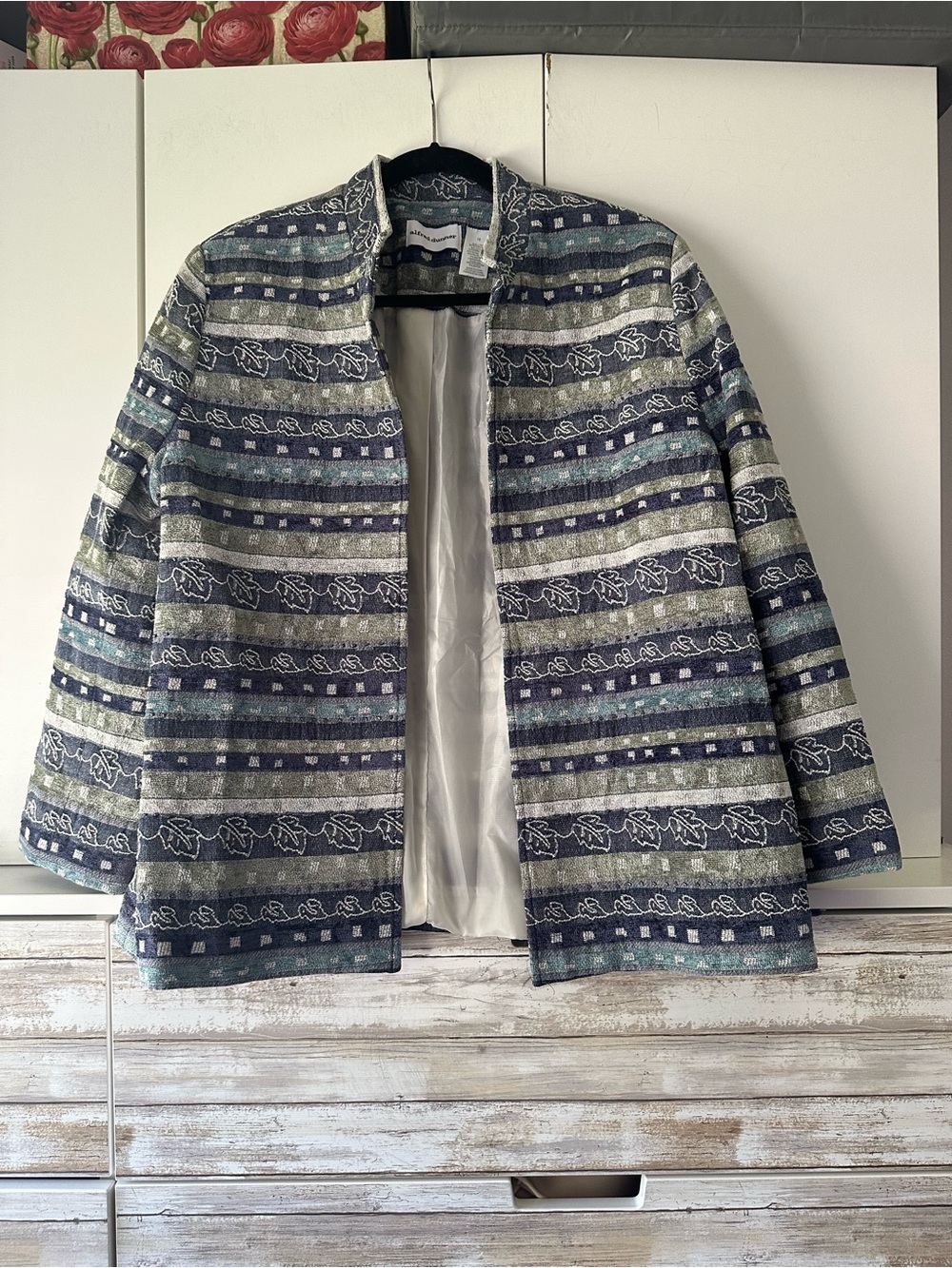 🧥 Alfred Dunner Size 18 Beaded Jacquard Open Front Jacket Blue Green